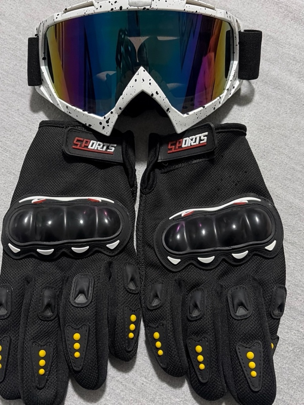 Black Motorcycle Gloves with White Speckled Mirrored Goggles